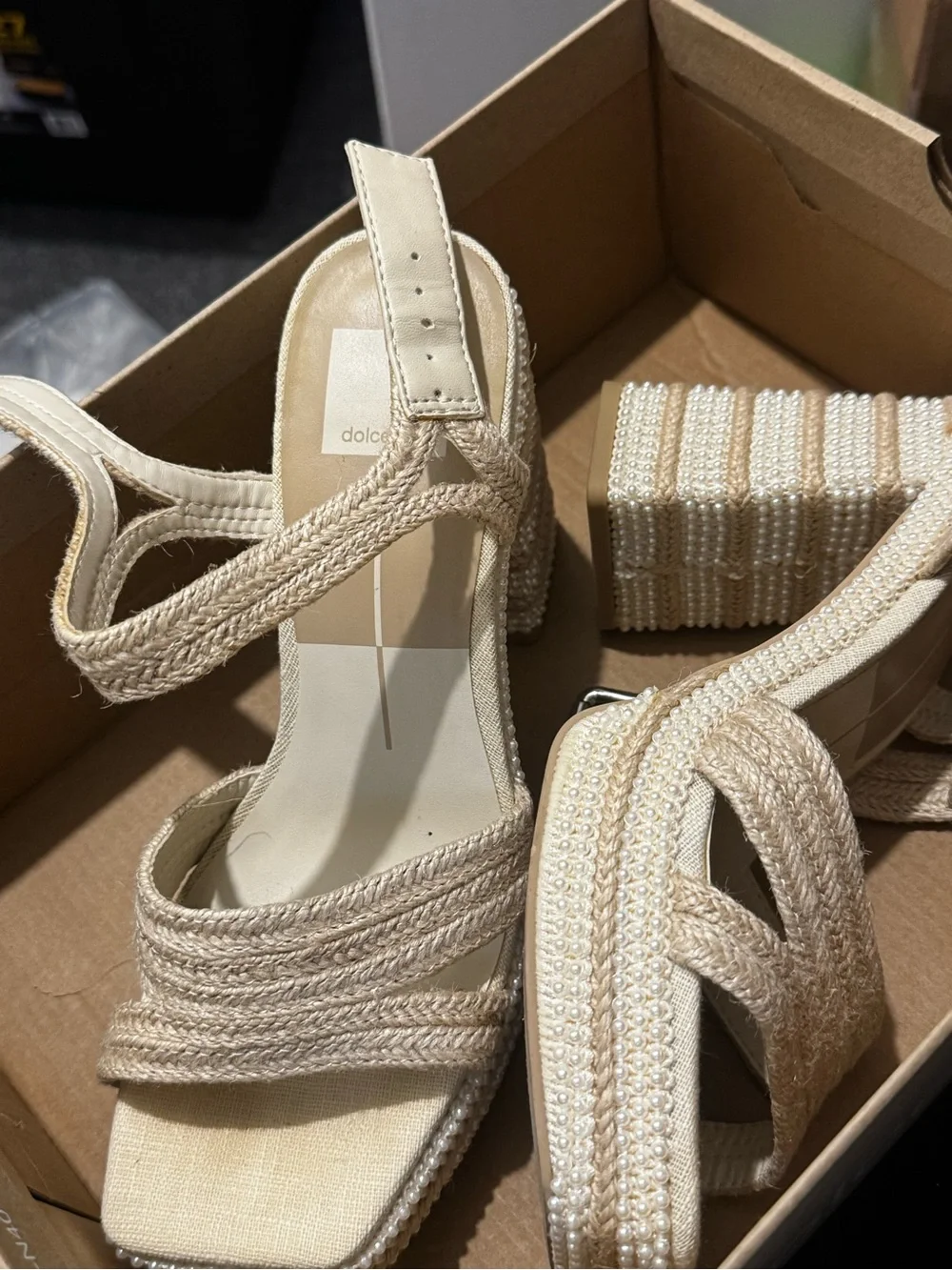 Dolce Vita Anira Pearl Cream Beaded Espadrille Wedge Sandals